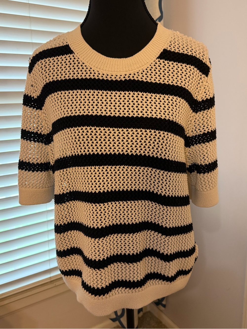 Laundry By Shelli Segal Cream and Black Striped Open-Knit Sweater